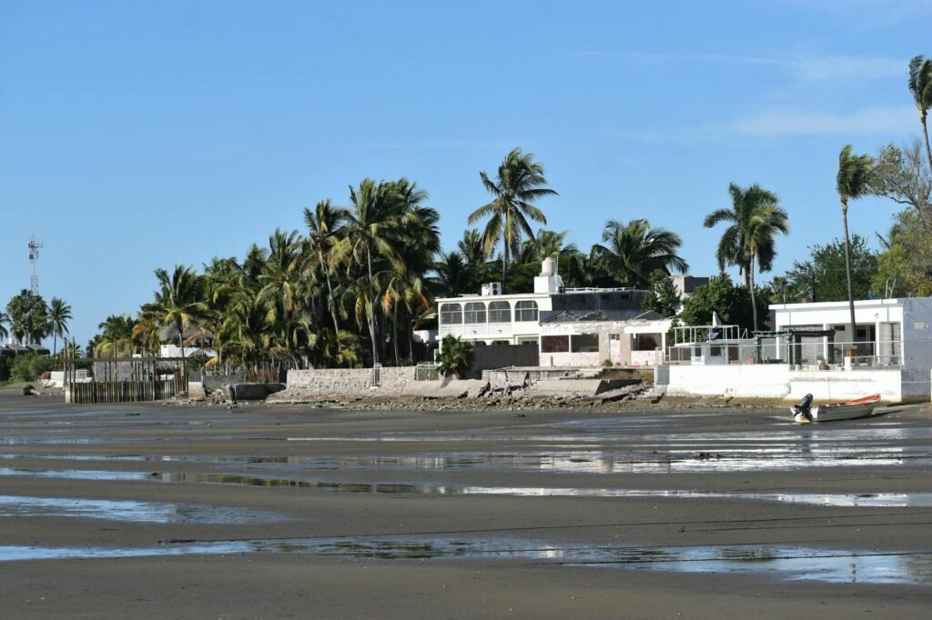 Beautiful beachfront homes with palm trees on a sunny day in Altata, Mexico.